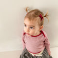 Load image into Gallery viewer, Christmas mini velvet baby hair bow clips designed to latch on fine hair. Stocking filler for baby girls
