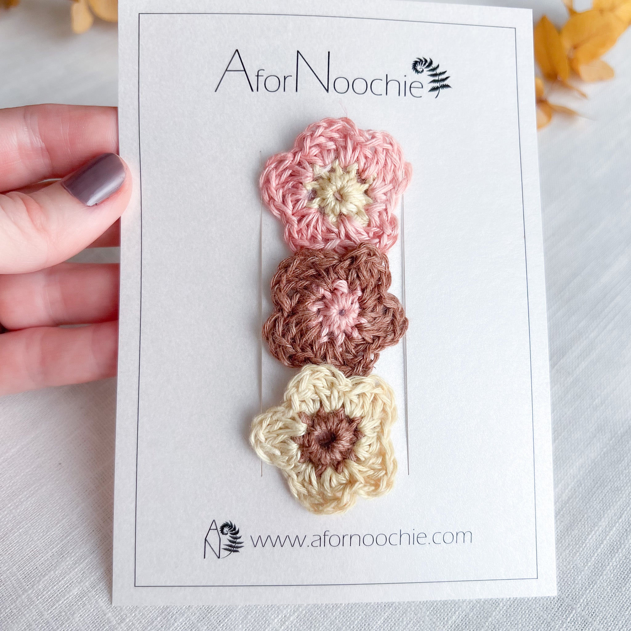 Hand crochet flower hair clips - A for Noochie 